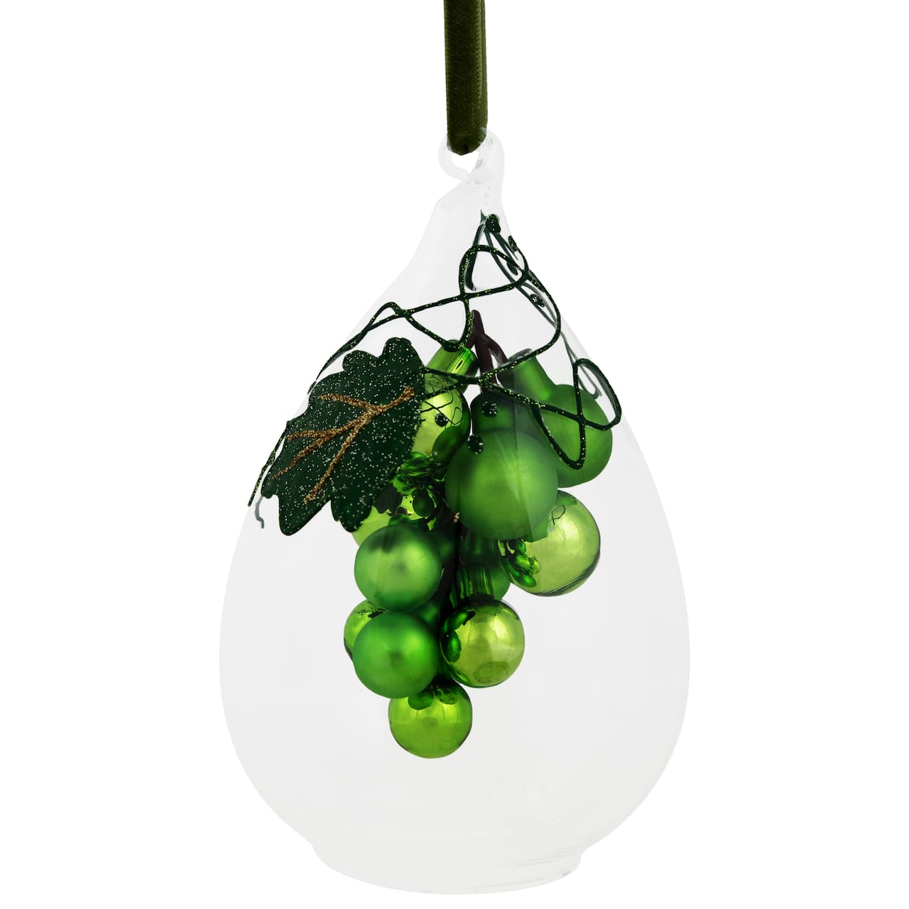 Green Grape Cluster in Glass Cloche Teardrop Ornament